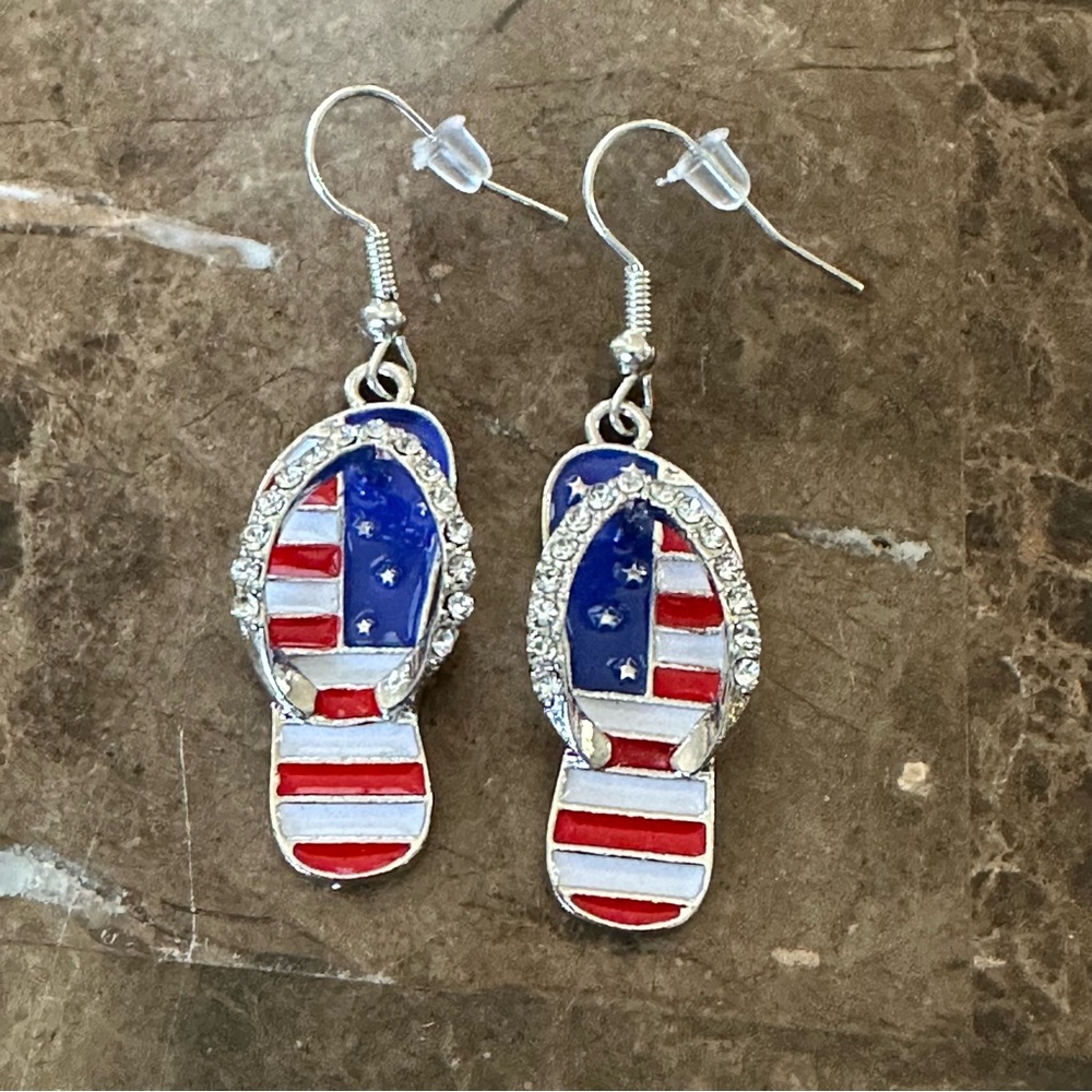 Fashion Jewelry Silver Earrings Flip Flops American Flag USA Patriotic NWOT